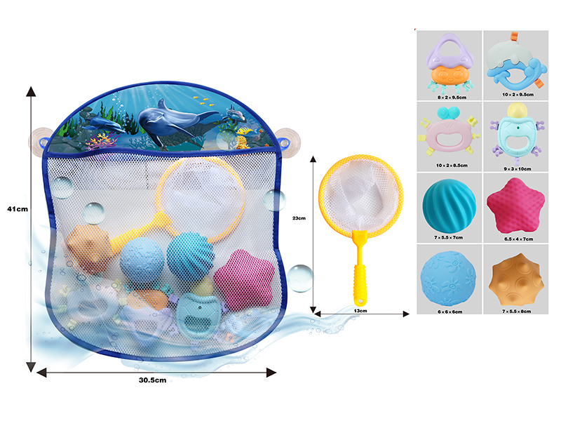 Storage Mesh Bag + Soft Plastic Textured Balls +  Spoon Net + Baby Rattle(8PCS)
