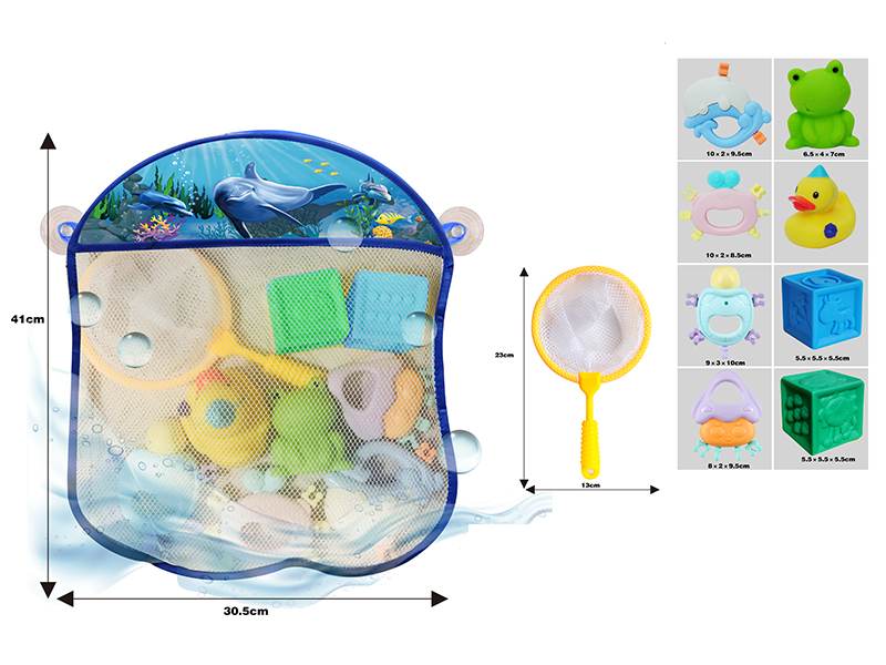 Storage Mesh Bag + Soft Plastic Textured Balls & Animals + Blocks +  Spoon Net + Baby Rattle(9PCS)