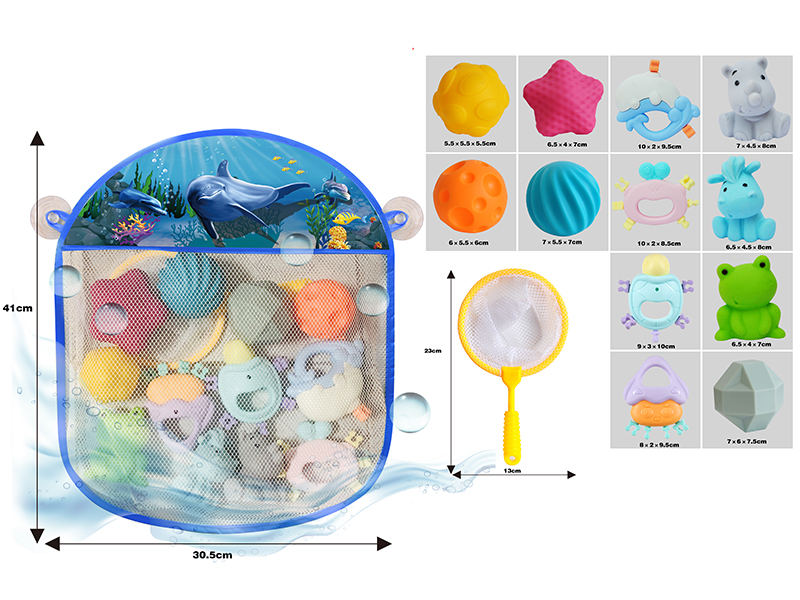 Storage Mesh Bag + Soft Plastic Textured Balls + Soft Plastic Animals + Spoon Net  + Baby Rattle(13PCS)