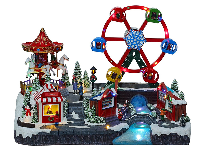Christmas Scene With LED Lights,Carousel, Rotating Ferris Wheel