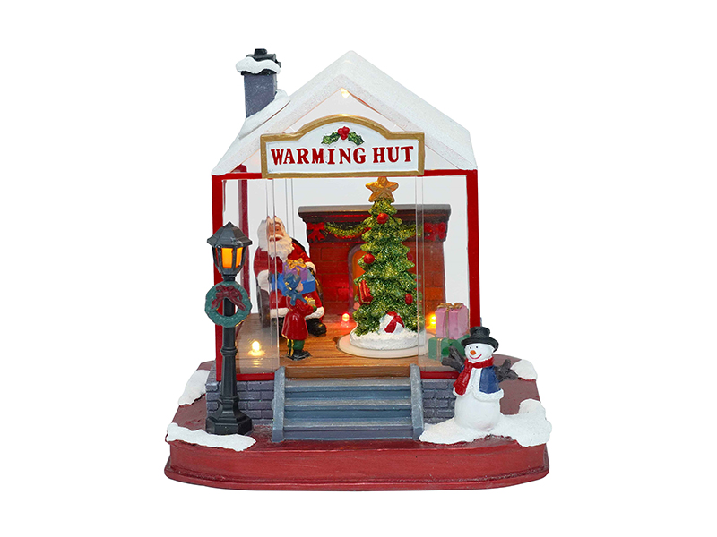 Christmas Warming Hut Scene With LED Lights And Christmas Tree Rotation Function