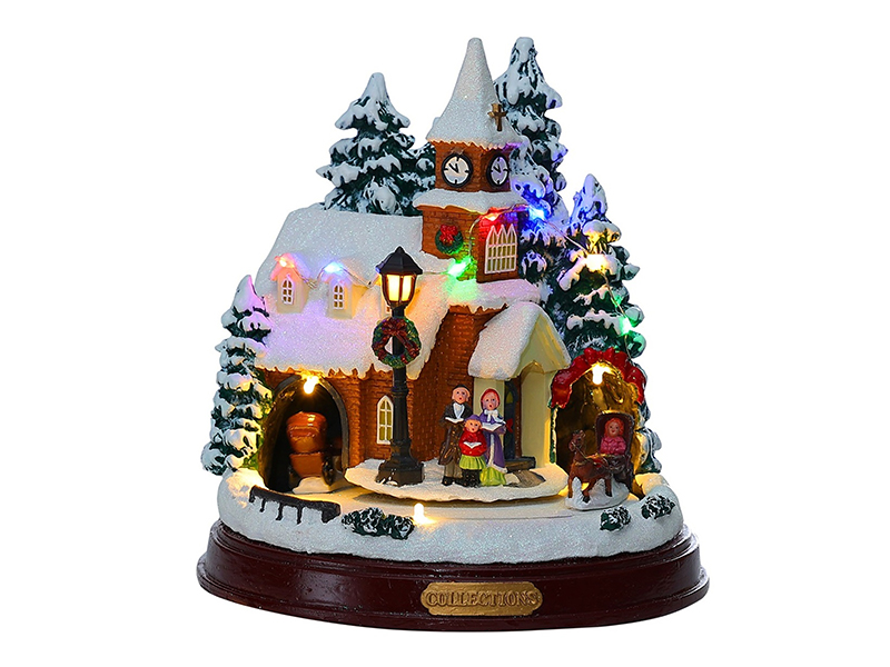 Christmas Church Scene With LED Lights And Rotating Carriage