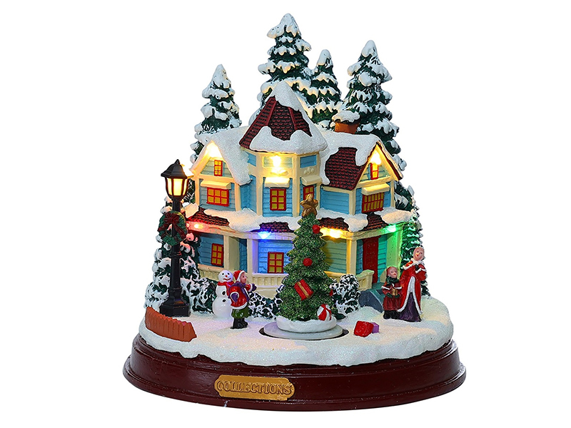 Christmas Village Scene With LED Lights And Christmas Tree Rotation Function