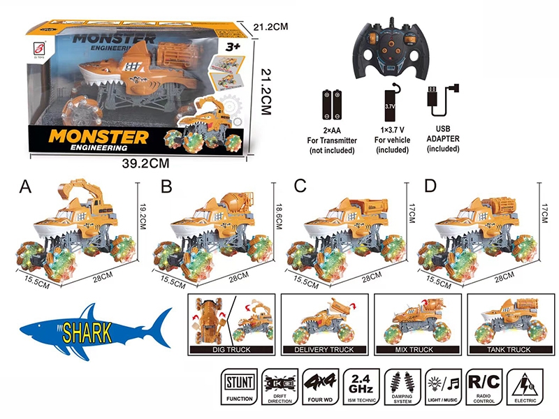 2.4G Remote Control Shark Stunt Engineering Truck