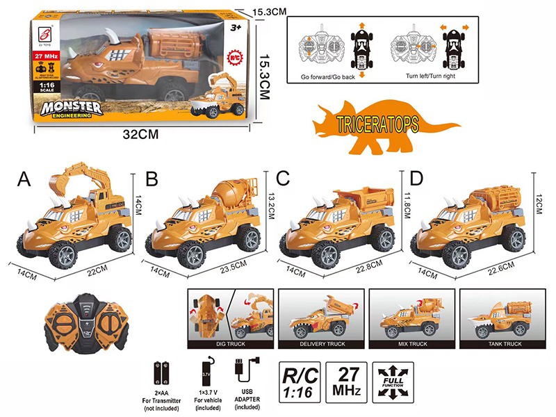 4-Channel Remote Control Triceratops Engineering Truck