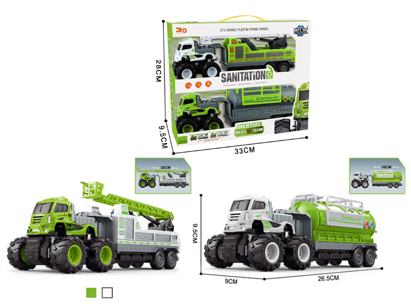 2Pcs 4Wd Friction Alloy Car(Ladder Sanitation Trailer+Water Tank Sanitation Trailer)