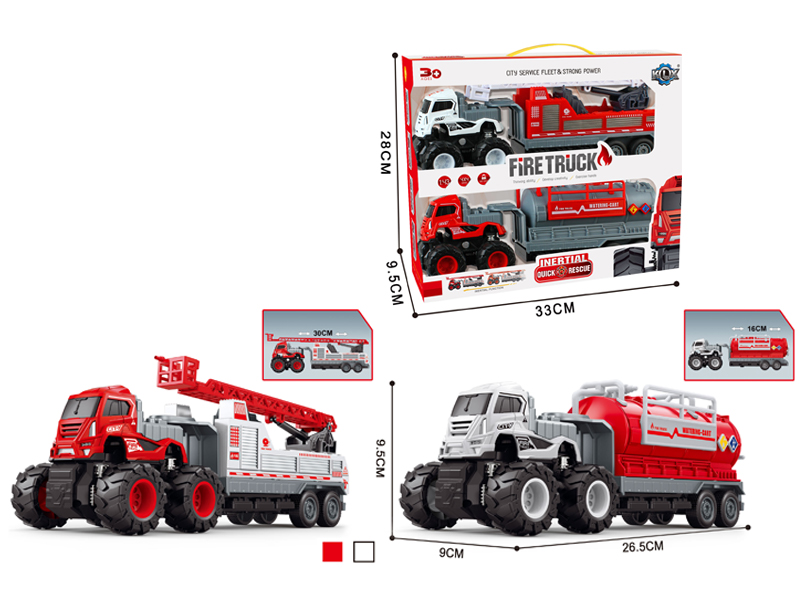 2Pcs 4Wd Friction Alloy Car(Ladder Fire Trailer+Water Tank Fire Trailer)
