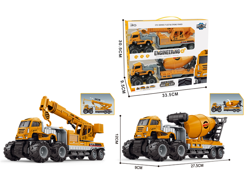 2Pcs 4Wd Friction Alloy Car(Crane+Mixer Truck)