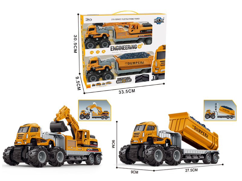 2Pcs 4Wd Friction Alloy Car(Excavator+Carrier)