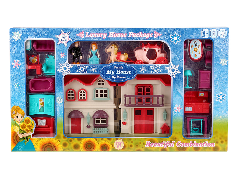 Villa With Colorful Lights And 12 Pieces Of Music + Princess,Prince,Carriage,Furniture