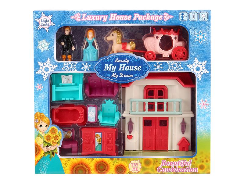 Villa With Colorful Lights And 12 Pieces Of Music + Princess,Prince,Carriage,Furniture