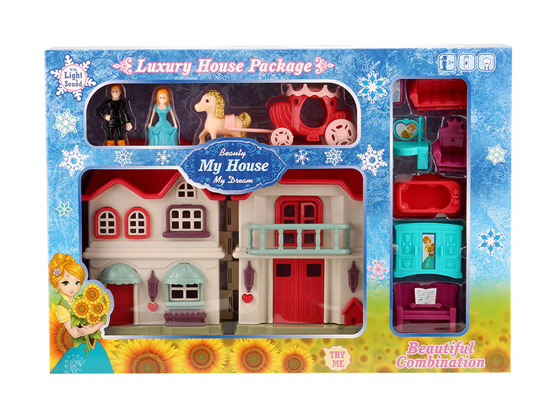 Villa With Colorful Lights And 12 Pieces Of Music + Princess,Prince,Carriage,Furniture