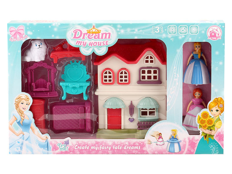 Villa With Colorful Lights And 12 Pieces Of Music + Top Toy Princess,Cat,Furniture