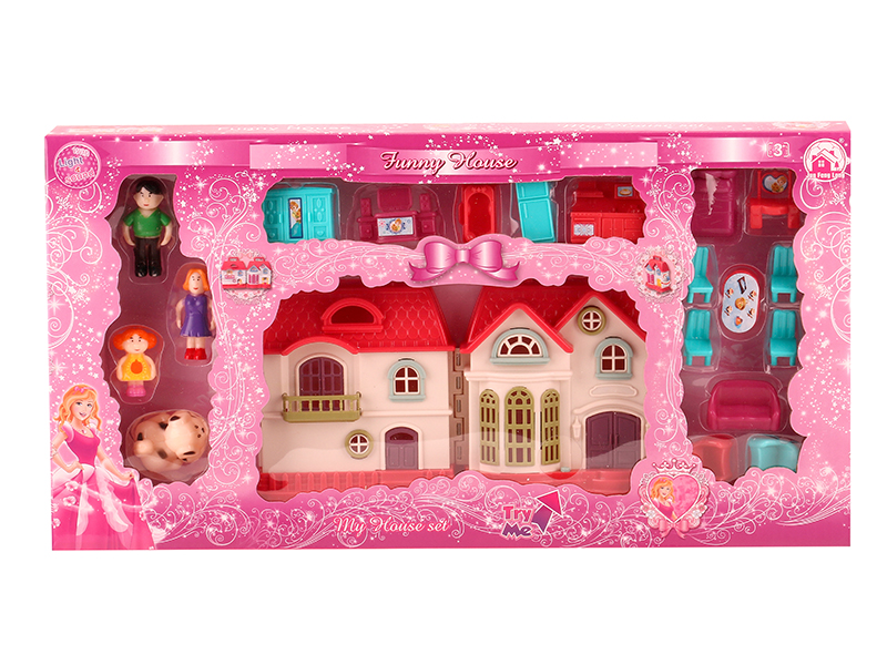 Mini Villa With Colorful Lights And Music + Dolls,Furniture