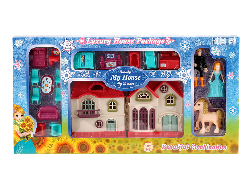 Mini Villa With Colorful Lights And 12 Pieces Of Music + Furniture,Princess,Prince,Horse