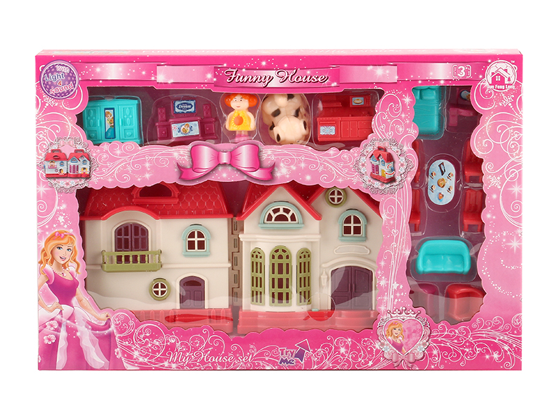 Mini Villa With Colorful Lights And Music + Dolls,Furniture