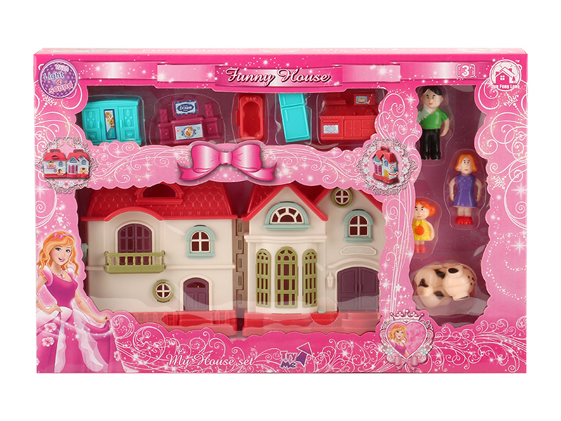 Mini Villa With Colorful Lights And Music + Dolls,Furniture
