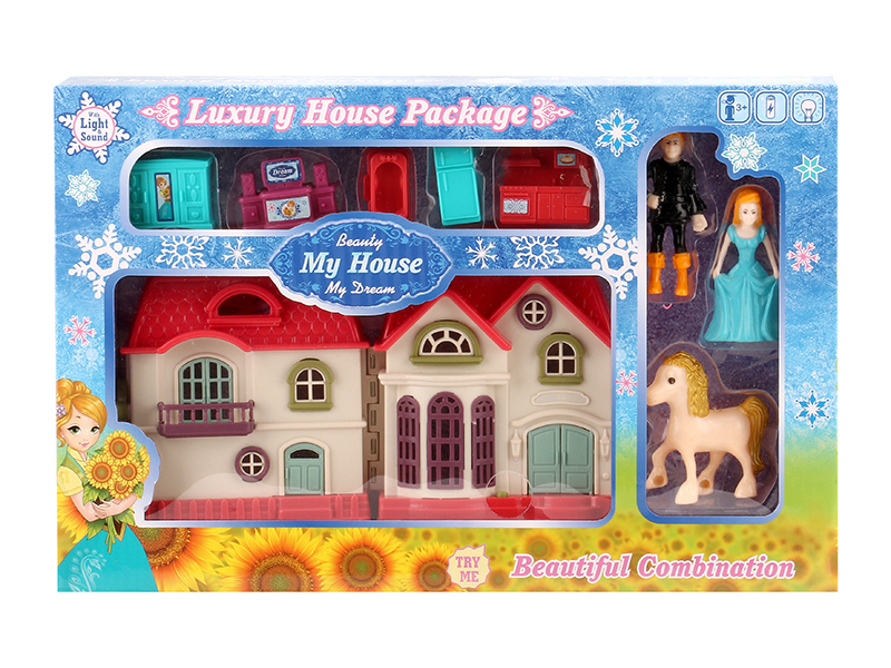 Mini Villa With Colorful Lights And 12 Pieces Of Music + Furniture(2 Mixed) + Princess,Prince,Horse