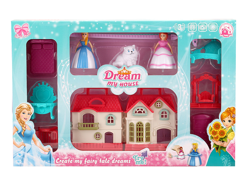 Mini Villa With Colorful Lights And 12 Pieces Of Music + Top Toy Princess,Cat,Furniture