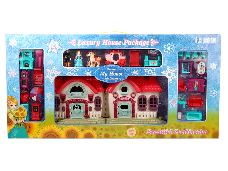 Villa With Flash Colorful Lights And 12 Pieces Of Music + Furniture,Princess,Prince,Carriage