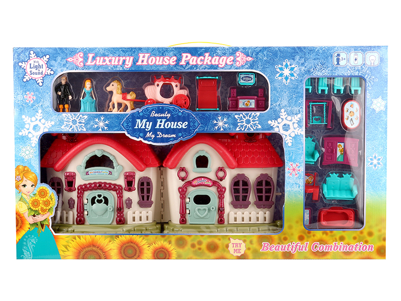 Villa With Flash Colorful Lights And 12 Pieces Of Music + Furniture,Princess,Prince,Carriage