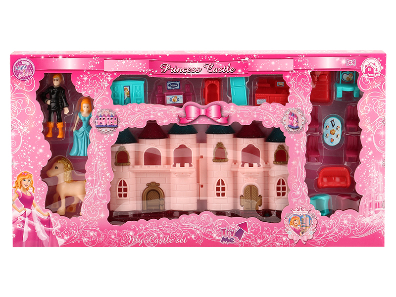 Mini Castle With Colorful Lights And Music + Princess,Prince,Horse,Furniture