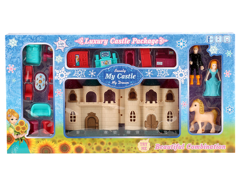 Mini Castle With Colorful Lights And And 12 Pieces Of Music + Princess,Prince,Horse,Furniture