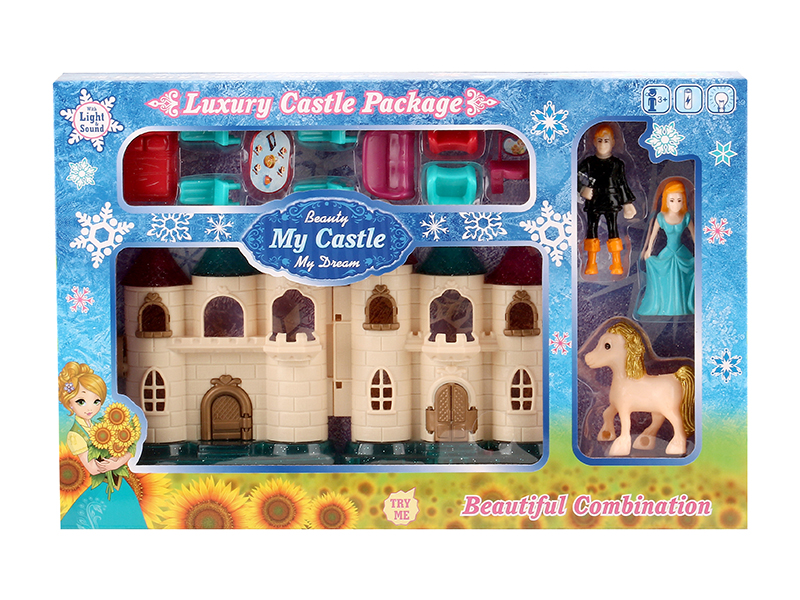 Mini Castle With Colorful Lights And And 12 Pieces Of Music + Furniture,Princess,Prince,Horse