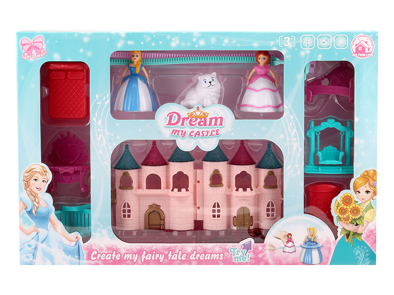Mini Castle With Colorful Lights And 12 Pieces Of Music + Top Toy Princess,Cat,Furniture