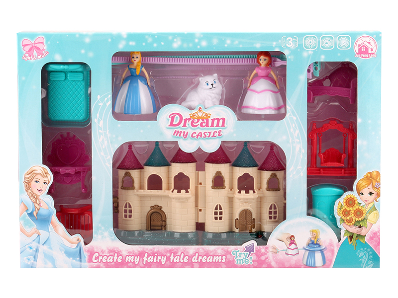 Mini Castle With Colorful Lights And 12 Pieces Of Music + Top Toy Princess,Cat,Furniture