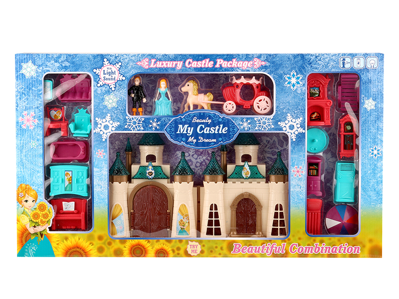 Castle With Colorful Lights And And 12 Pieces Of Music + Princess,Prince,Horse,Furniture