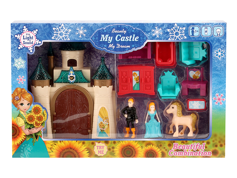 Castle With Colorful Lights And And 12 Pieces Of Music + Princess,Prince,Horse,Furniture