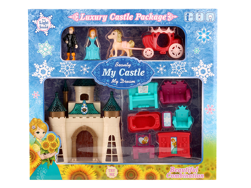 Castle With Colorful Lights And And 12 Pieces Of Music + Princess,Prince,Carriage,Furniture