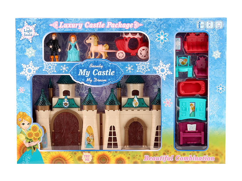 Castle With Colorful Lights And And 12 Pieces Of Music + Princess,Prince,Horse,Furniture