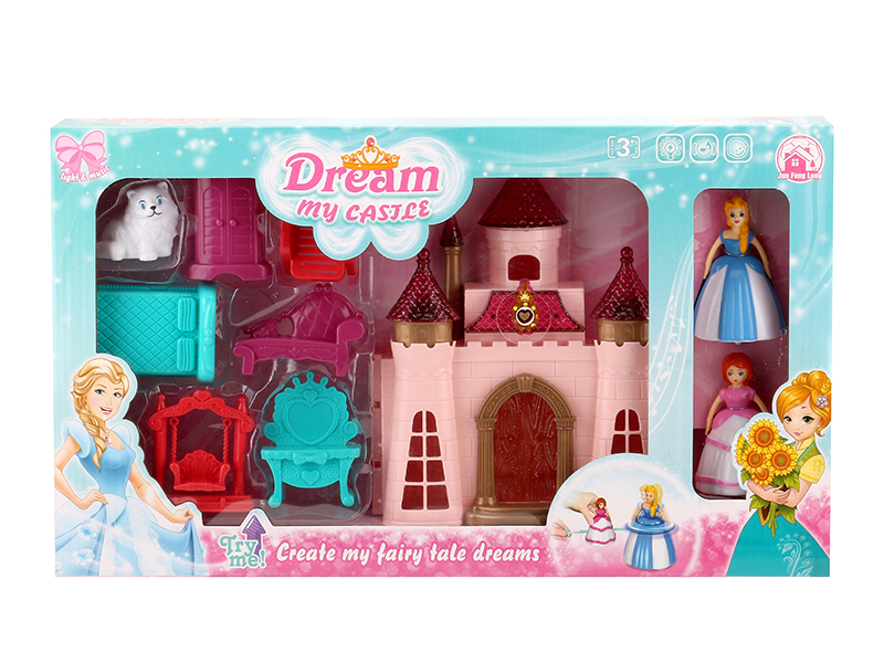Castle With Colorful Lights And 12 Pieces Of Music + Top Toy Princess,Cat,Furniture