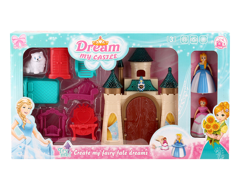 Castle With Colorful Lights And 12 Pieces Of Music + Top Toy Princess,Cat,Furniture