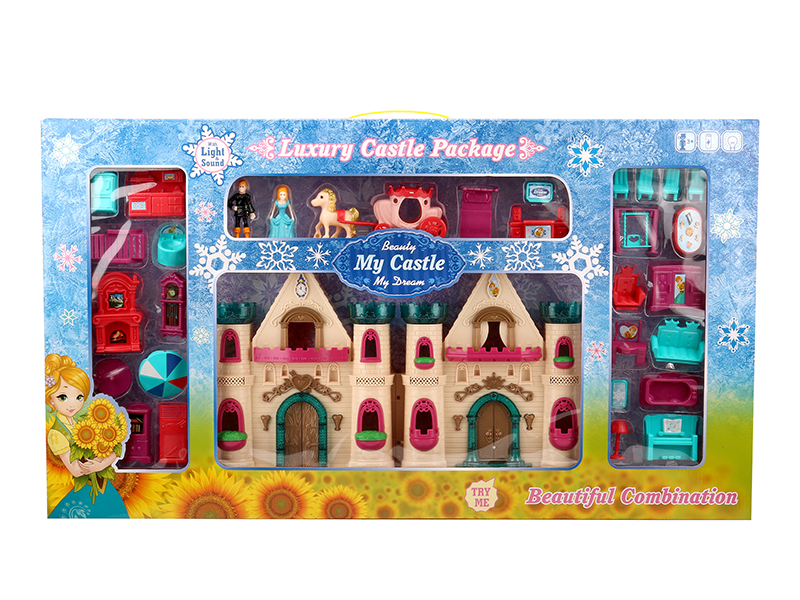 Castle With Flash Colorful Lights And 12 Pieces Of Music + Princess,Prince,Carriage,Furniture