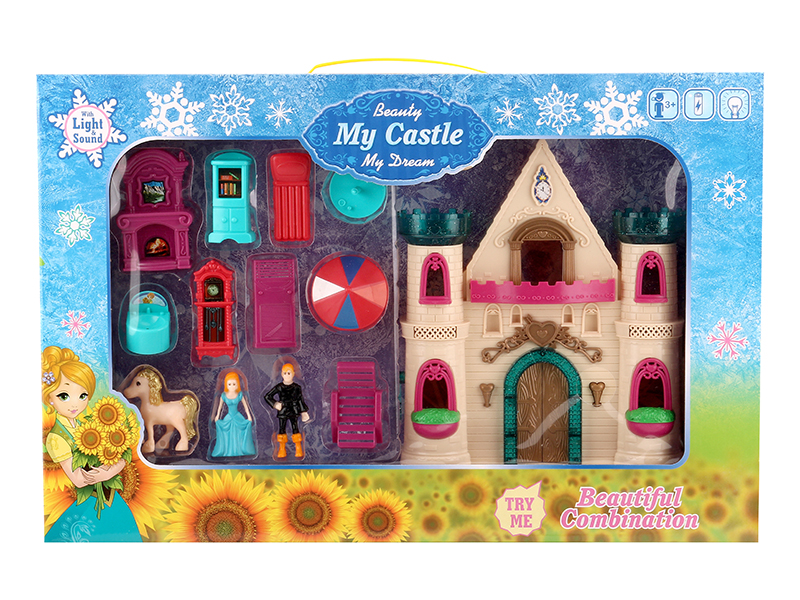 Castle With Flash Colorful Lights And 12 Pieces Of Music + Princess,Prince,Horse,Furniture