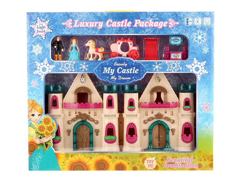 Castle With Flash Colorful Lights And 12 Pieces Of Music + Princess,Prince,Carriage,Furniture