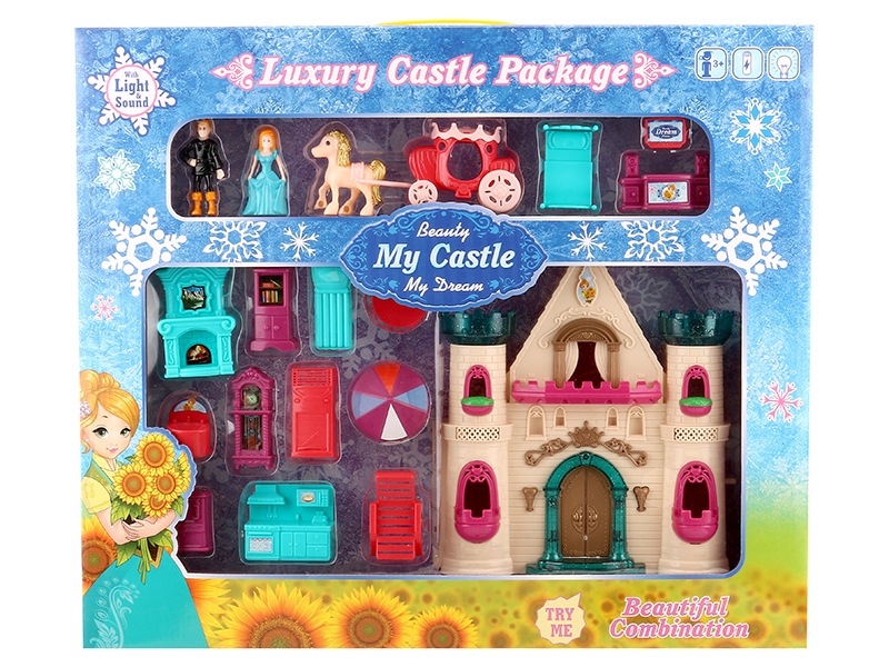 Castle With Flash Colorful Lights And 12 Pieces Of Music + Princess,Prince,Carriage,Furniture