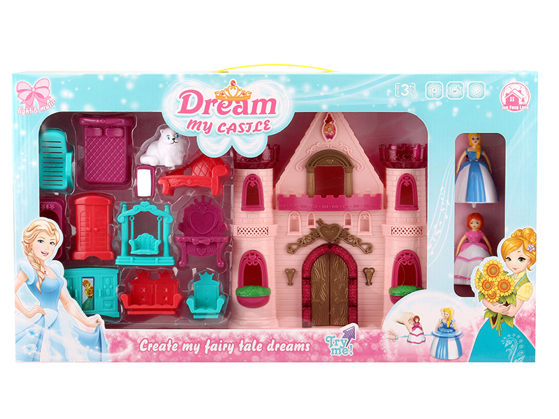 Castle With Flash Colorful Lights And 12 Pieces Of Music + Top Toy Princess,Cat,Furniture