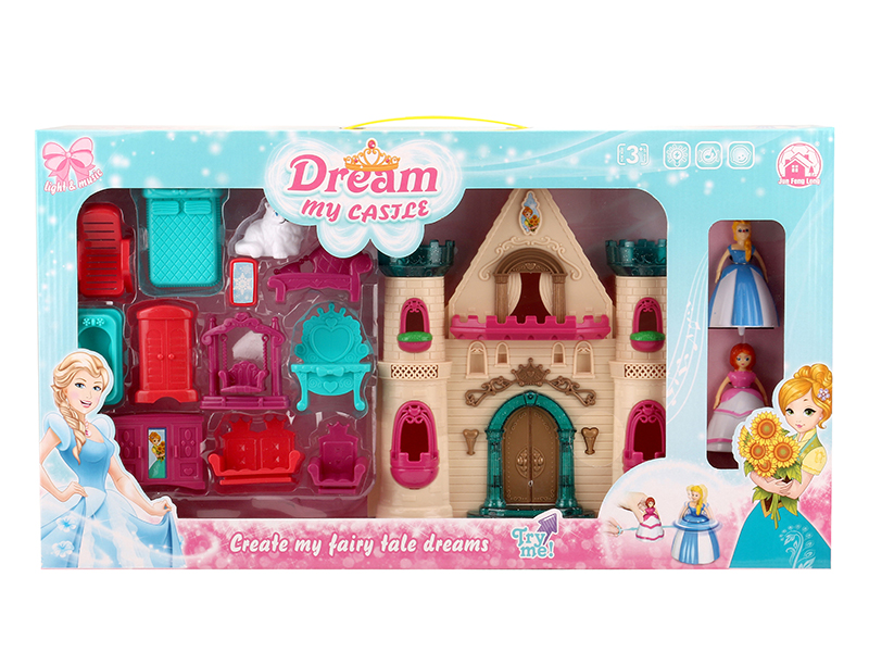 Castle With Flash Colorful Lights And 12 Pieces Of Music + Top Toy Princess,Cat,Furniture