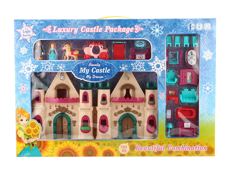 Castle With Flash Colorful Lights And 12 Pieces Of Music + Princess,Prince,Carriage,Furniture