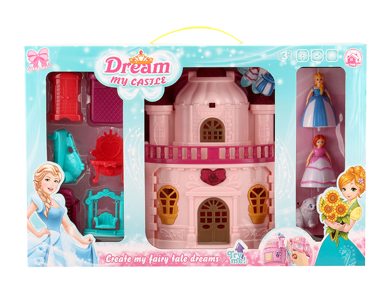 Castle With Flash Colorful Lights And 12 Pieces Of Music + Top Toy Princess,Cat,Furniture