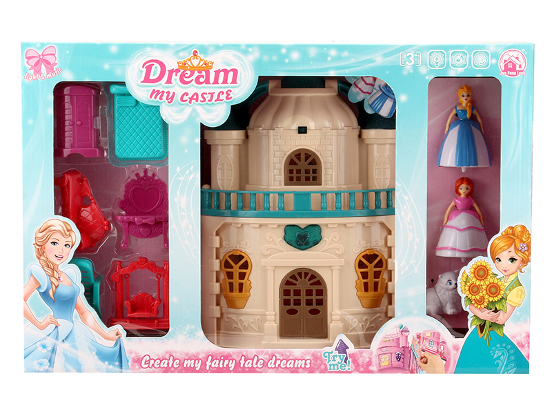 Castle With Flash Colorful Lights And 12 Pieces Of Music + Top Toy Princess,Cat,Furniture