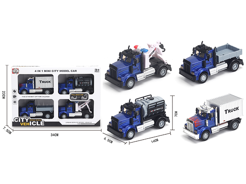 4Pcs 1:64 Pull Back American Transport Alloy Car Blue