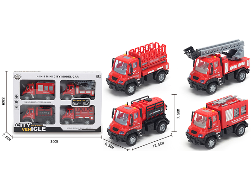 4Pcs 1:64 Pull Back German Fire Alloy Car Red