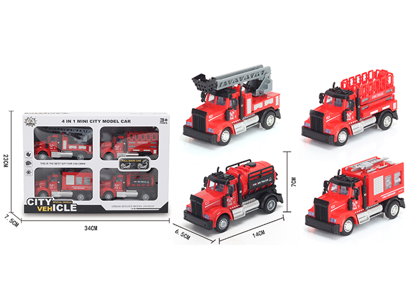 4Pcs 1:64 Pull Back American  Fire Alloy Car Red