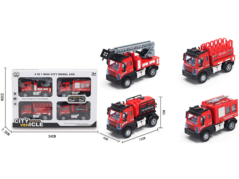 4Pcs 1:64 Pull Back European Fire Alloy Car Red