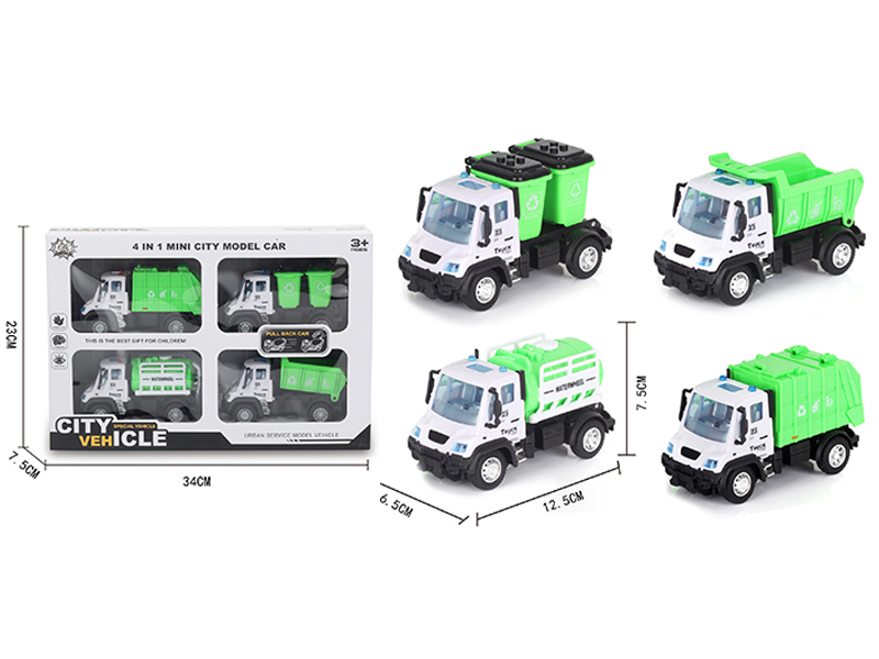 4Pcs 1:64 Pull Back German Environmental Sanitation Alloy Car Green